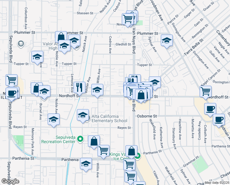 map of restaurants, bars, coffee shops, grocery stores, and more near 14689 Nordhoff Street in Los Angeles