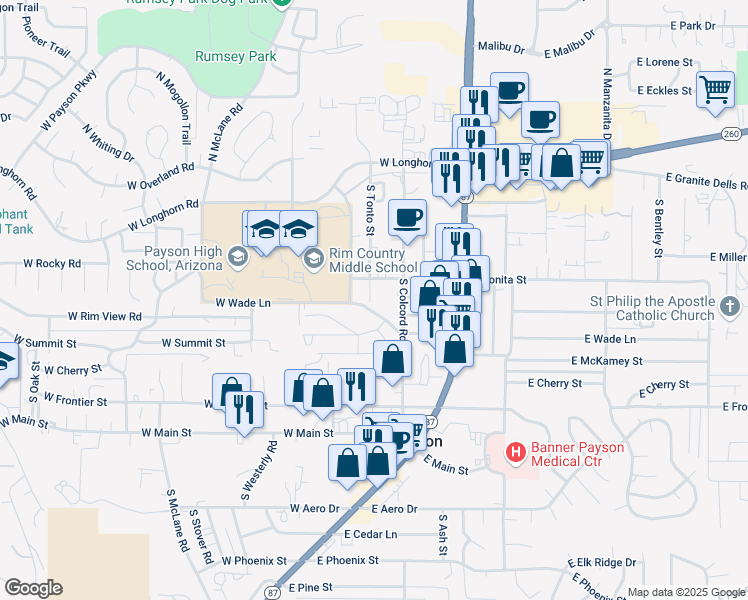 map of restaurants, bars, coffee shops, grocery stores, and more near 407 South Tonto Street in Payson