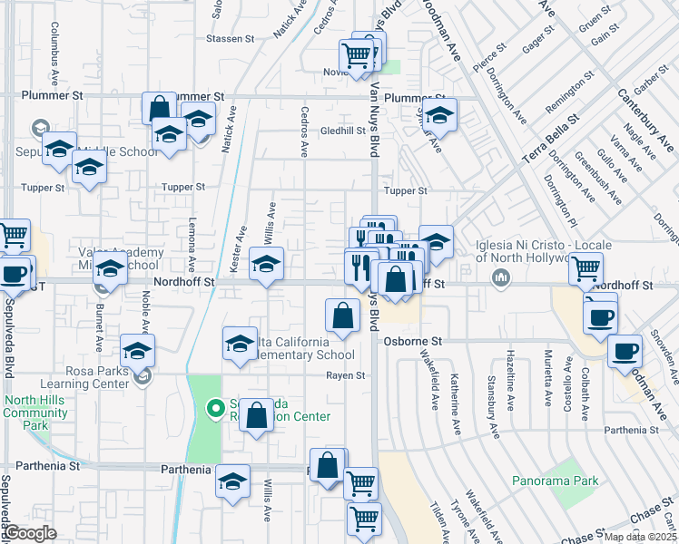 map of restaurants, bars, coffee shops, grocery stores, and more near 14657 Nordhoff Street in Los Angeles