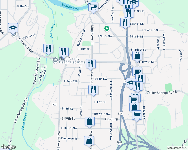 map of restaurants, bars, coffee shops, grocery stores, and more near 1313 Maple Avenue Southwest in Rome