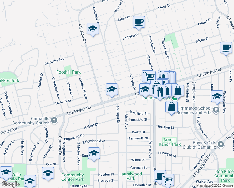 map of restaurants, bars, coffee shops, grocery stores, and more near 37 Anacapa Drive in Camarillo