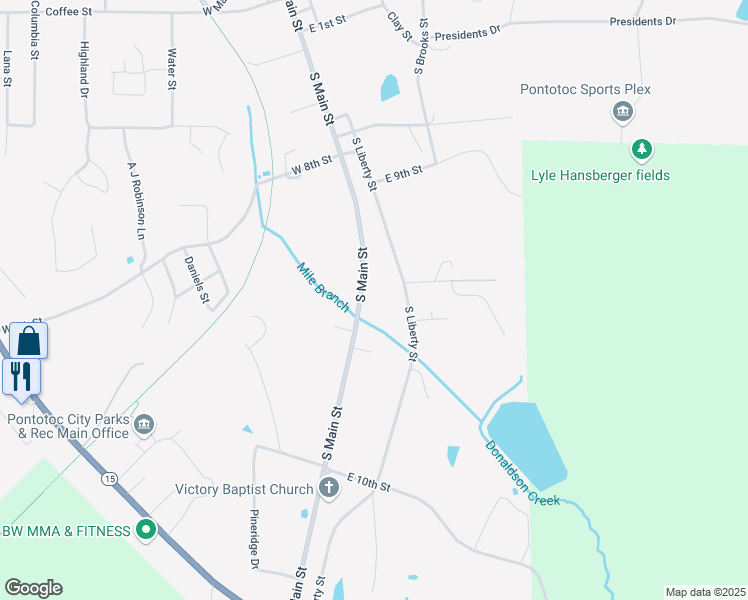 map of restaurants, bars, coffee shops, grocery stores, and more near 280 South Main Street in Pontotoc
