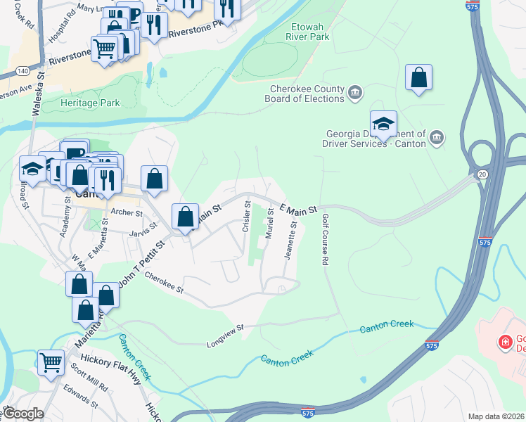 map of restaurants, bars, coffee shops, grocery stores, and more near 1011 East Main Street in Canton