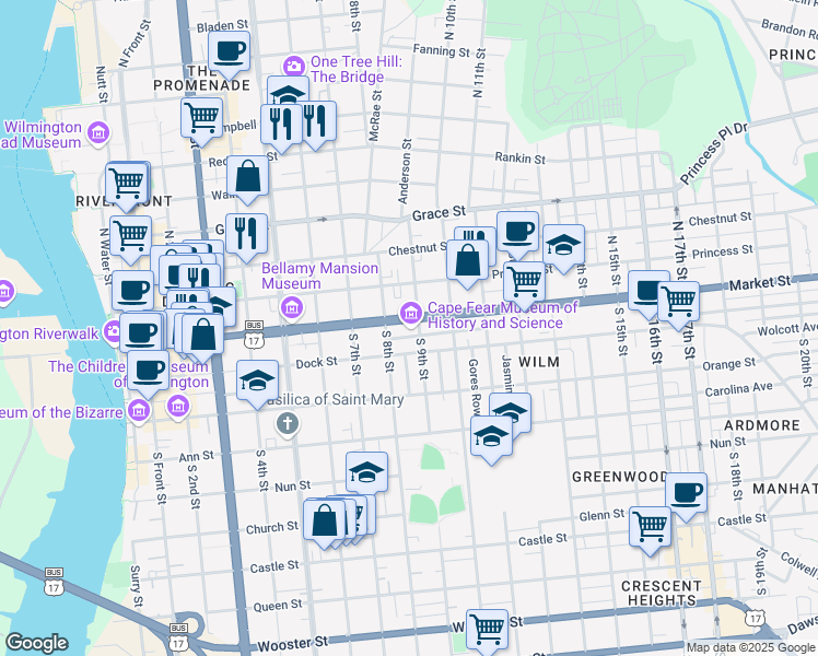 map of restaurants, bars, coffee shops, grocery stores, and more near 814 Market Street in Wilmington