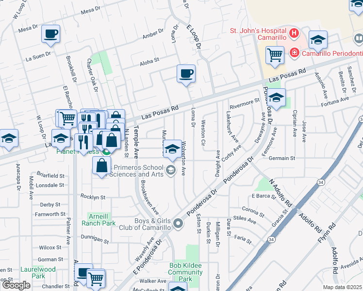map of restaurants, bars, coffee shops, grocery stores, and more near 1775 Wolverton Avenue in Camarillo