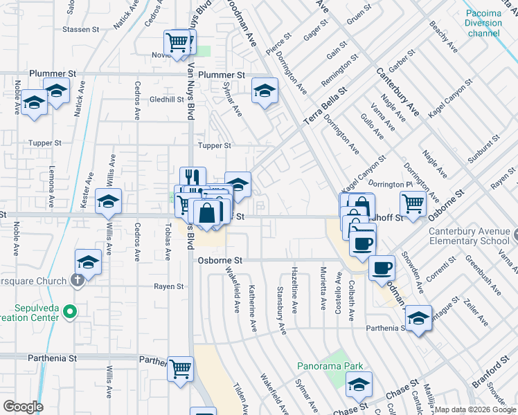 map of restaurants, bars, coffee shops, grocery stores, and more near 14383 Nordhoff Street in Los Angeles