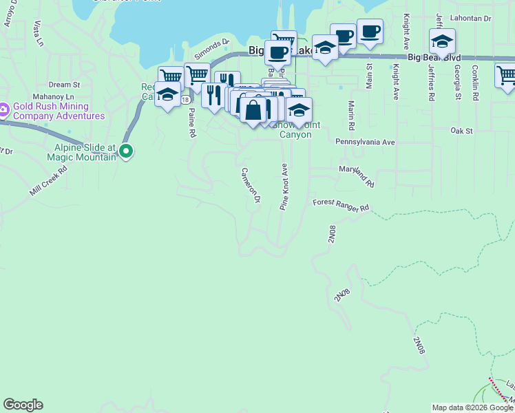 map of restaurants, bars, coffee shops, grocery stores, and more near 930 Cameron Drive in Big Bear Lake
