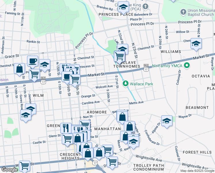 map of restaurants, bars, coffee shops, grocery stores, and more near Wolcott Avenue in Wilmington