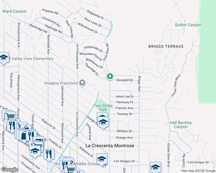 map of restaurants, bars, coffee shops, grocery stores, and more near 2617 Upper Terrace in La Crescenta-Montrose