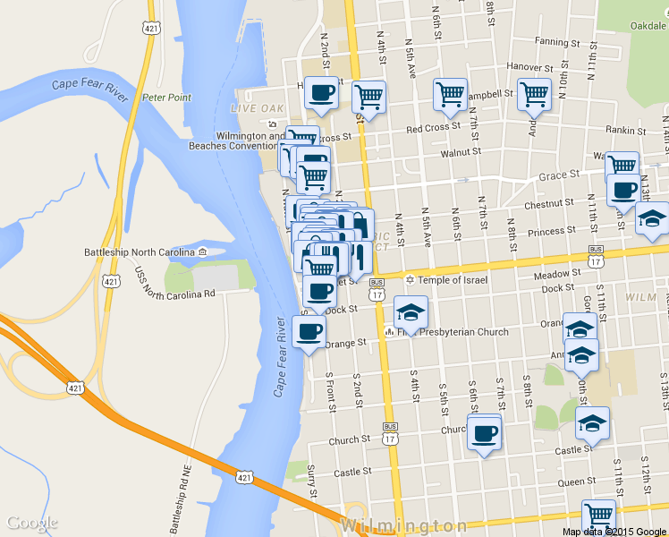 map of restaurants, bars, coffee shops, grocery stores, and more near 115 Market Street in Wilmington