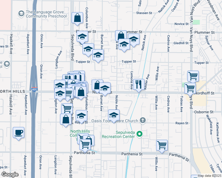 map of restaurants, bars, coffee shops, grocery stores, and more near 15125 Nordhoff Street in Los Angeles
