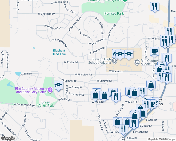 map of restaurants, bars, coffee shops, grocery stores, and more near 314 South Golden Bear Point in Payson