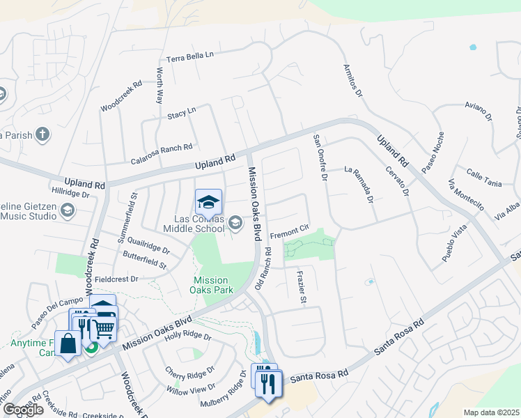 map of restaurants, bars, coffee shops, grocery stores, and more near 6186 Fremont Circle in Camarillo