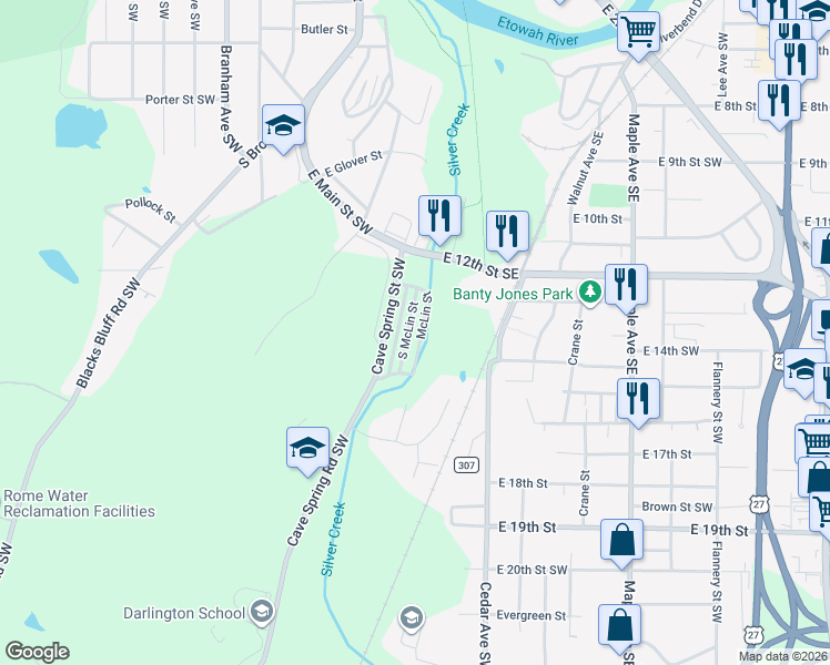 map of restaurants, bars, coffee shops, grocery stores, and more near 316 South McLin Street in Rome
