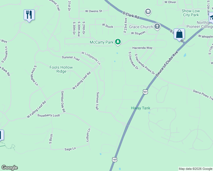 map of restaurants, bars, coffee shops, grocery stores, and more near 1461 South Spruce Lane in Show Low