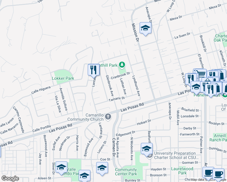 map of restaurants, bars, coffee shops, grocery stores, and more near 192 Glenbrook Avenue in Camarillo