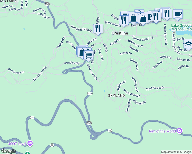 map of restaurants, bars, coffee shops, grocery stores, and more near 23542 Crest Forest Drive in Crestline
