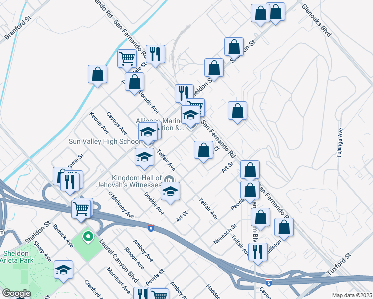 map of restaurants, bars, coffee shops, grocery stores, and more near 11970 Allegheny Street in Los Angeles