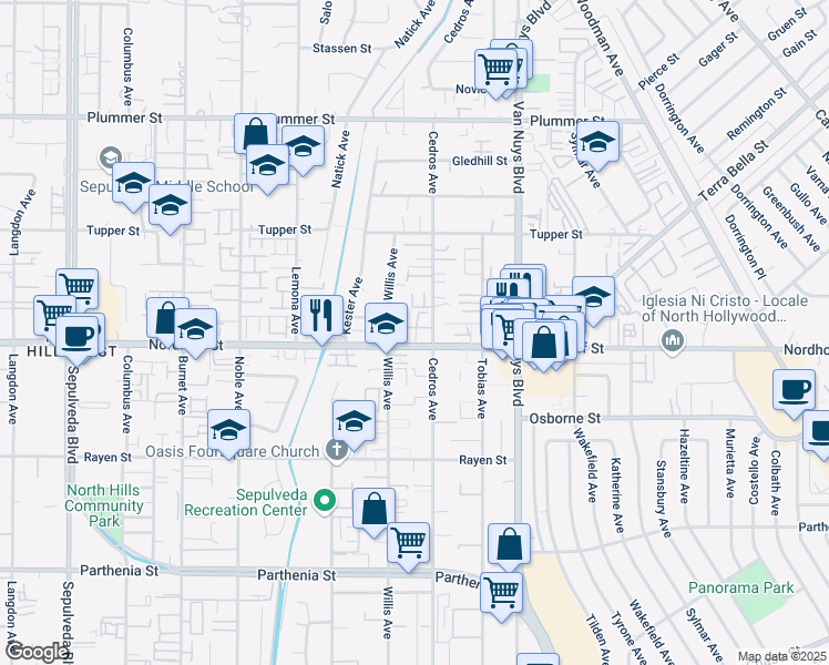 map of restaurants, bars, coffee shops, grocery stores, and more near 14800 Nordhoff Street in Los Angeles