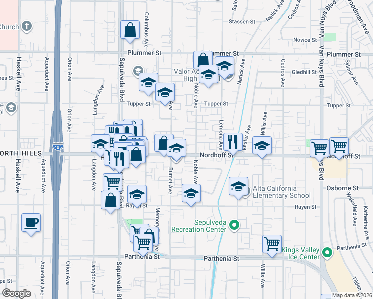 map of restaurants, bars, coffee shops, grocery stores, and more near 15135 Nordhoff Street in Los Angeles