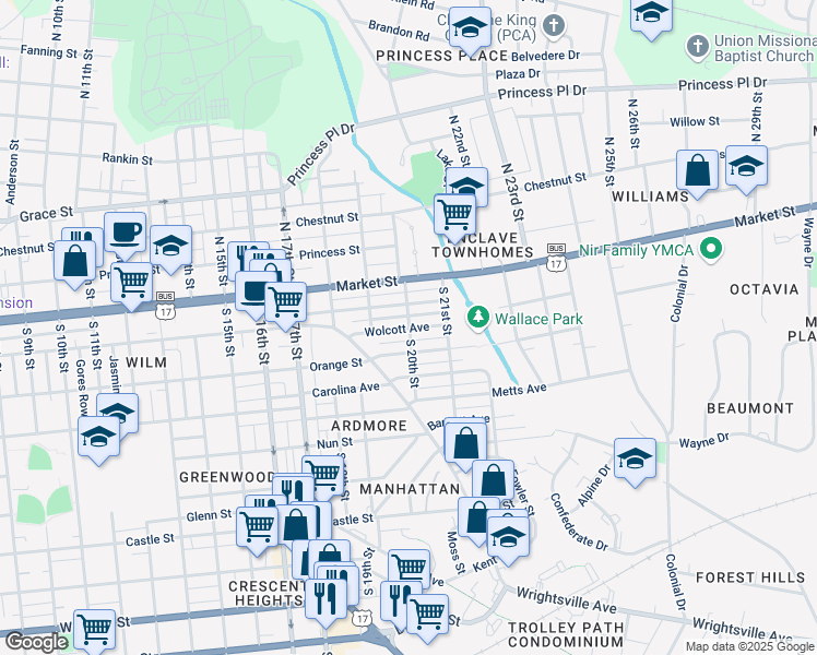 map of restaurants, bars, coffee shops, grocery stores, and more near 1917 Wolcott Avenue in Wilmington