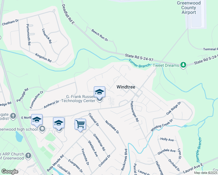 map of restaurants, bars, coffee shops, grocery stores, and more near 118 Windtree Court in Greenwood