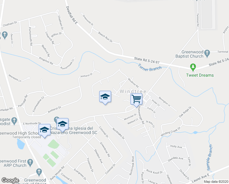 map of restaurants, bars, coffee shops, grocery stores, and more near 118 Windtree Court in Greenwood