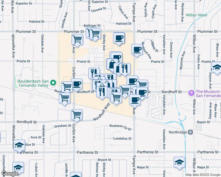 map of restaurants, bars, coffee shops, grocery stores, and more near 1000 Nordhoff Street in Los Angeles