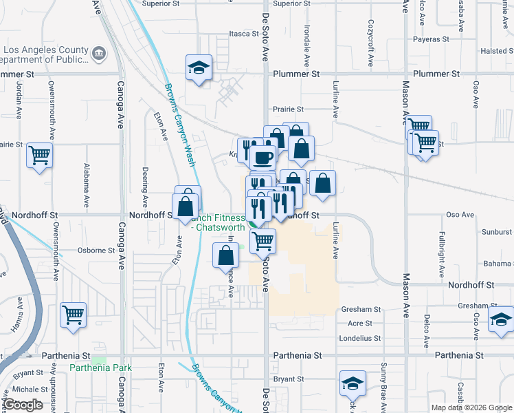 map of restaurants, bars, coffee shops, grocery stores, and more near 9111 De Soto Avenue in Los Angeles