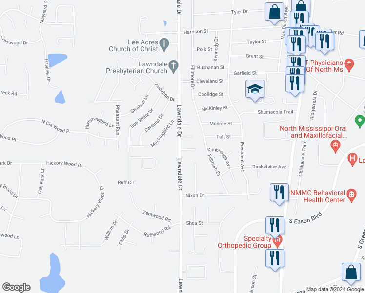map of restaurants, bars, coffee shops, grocery stores, and more near 100 Andrew Circle in Tupelo
