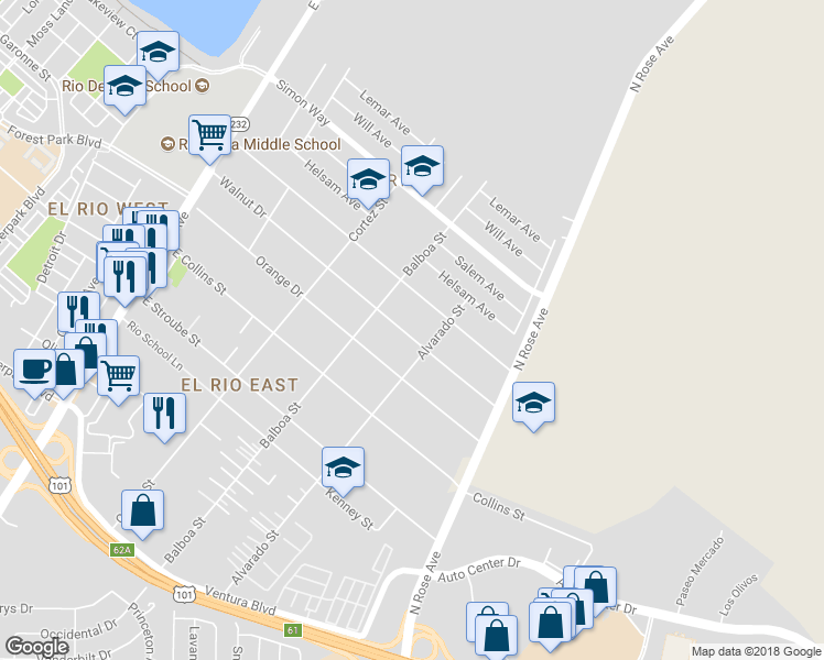 map of restaurants, bars, coffee shops, grocery stores, and more near 833 Walnut Drive in Oxnard
