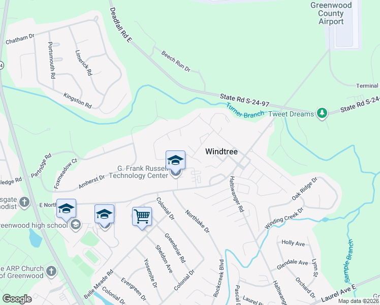 map of restaurants, bars, coffee shops, grocery stores, and more near 118 Windtree Court in Greenwood