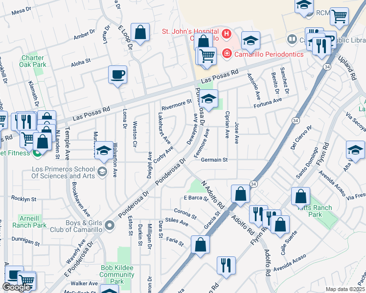map of restaurants, bars, coffee shops, grocery stores, and more near 1739 Dewayne Avenue in Camarillo