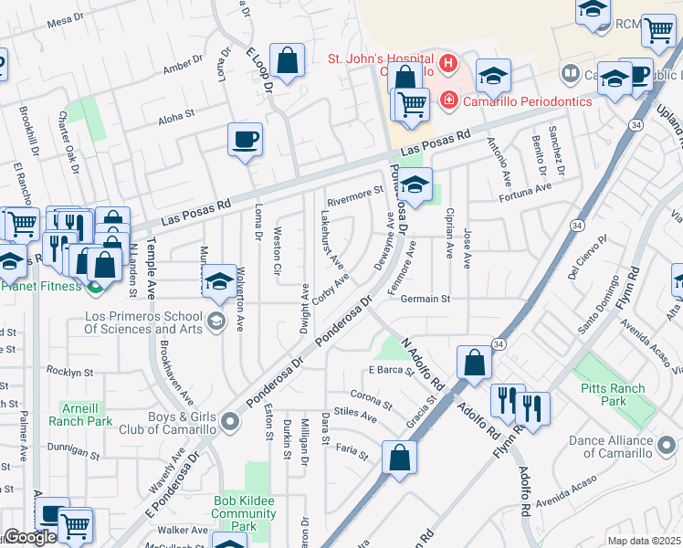 map of restaurants, bars, coffee shops, grocery stores, and more near 3379 Corby Avenue in Camarillo