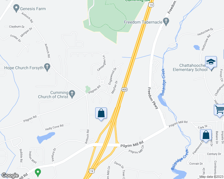 map of restaurants, bars, coffee shops, grocery stores, and more near 2765 Mayfair Drive in Cumming