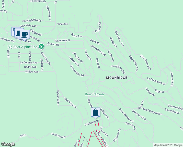 map of restaurants, bars, coffee shops, grocery stores, and more near 893 Silver Tip Drive in Big Bear Lake