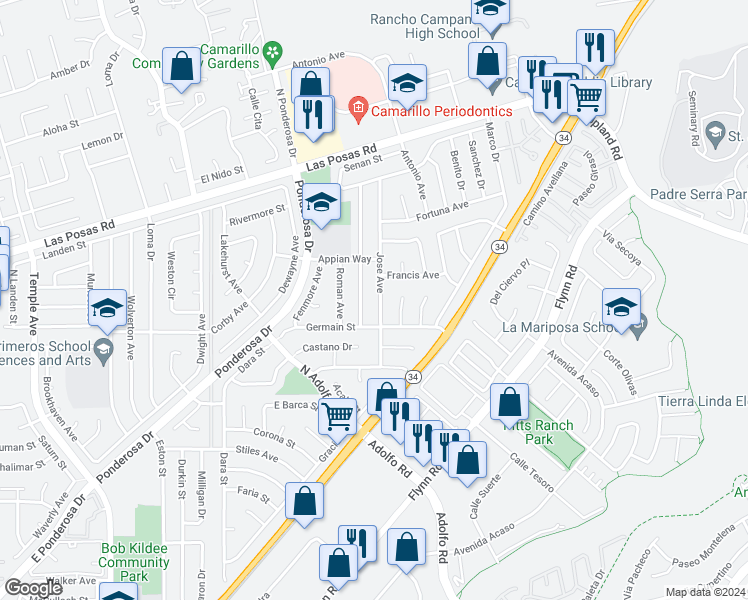 map of restaurants, bars, coffee shops, grocery stores, and more near 1763 Jose Avenue in Camarillo