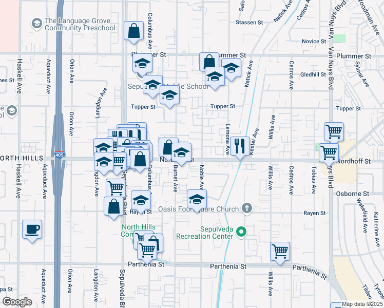 map of restaurants, bars, coffee shops, grocery stores, and more near 15125 Nordhoff Street in Los Angeles