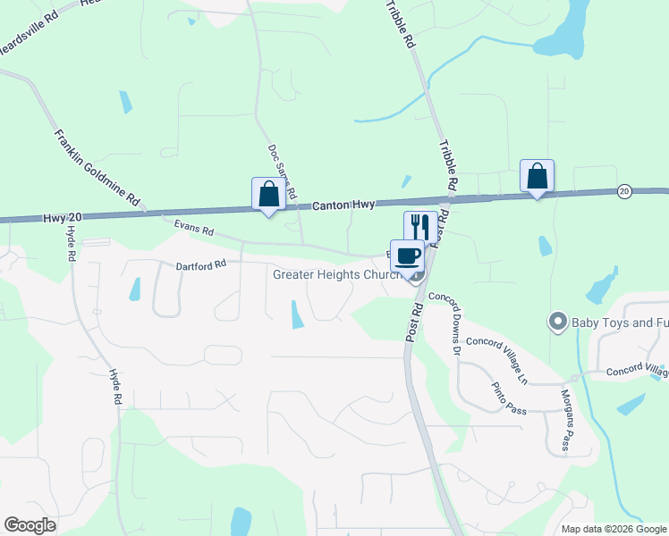 map of restaurants, bars, coffee shops, grocery stores, and more near 4425 Idlewood Drive in Cumming