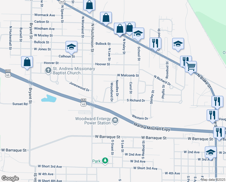 map of restaurants, bars, coffee shops, grocery stores, and more near 17 Woodland Drive in Pine Bluff