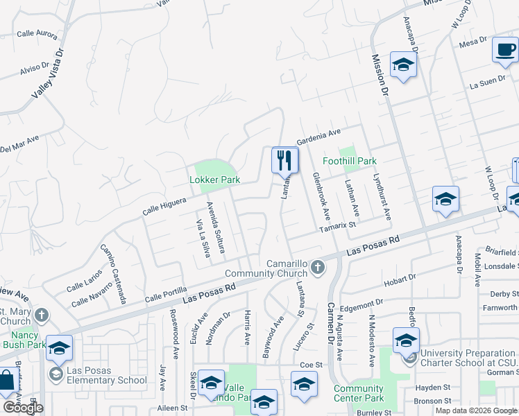 map of restaurants, bars, coffee shops, grocery stores, and more near 991 Paseo Barona in Camarillo