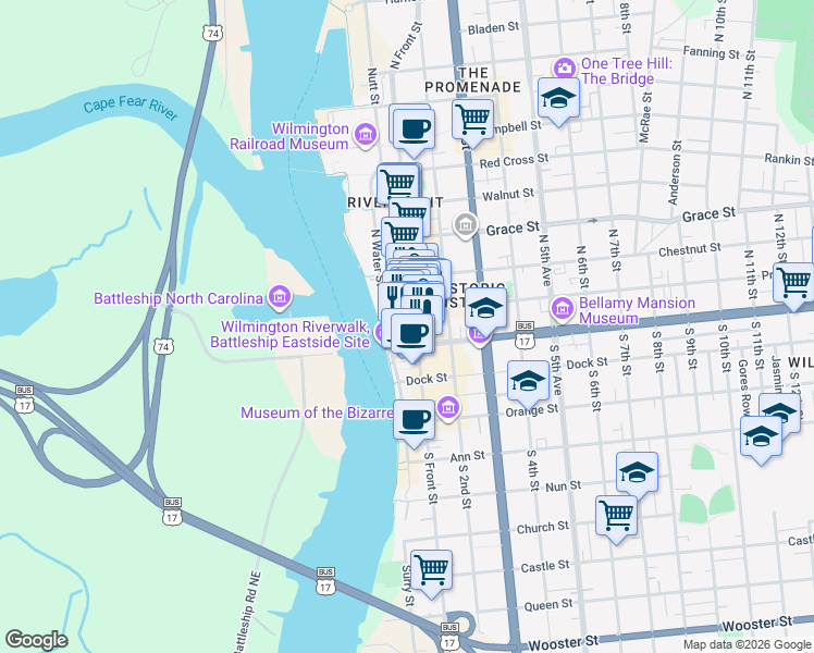 map of restaurants, bars, coffee shops, grocery stores, and more near in Wilmington
