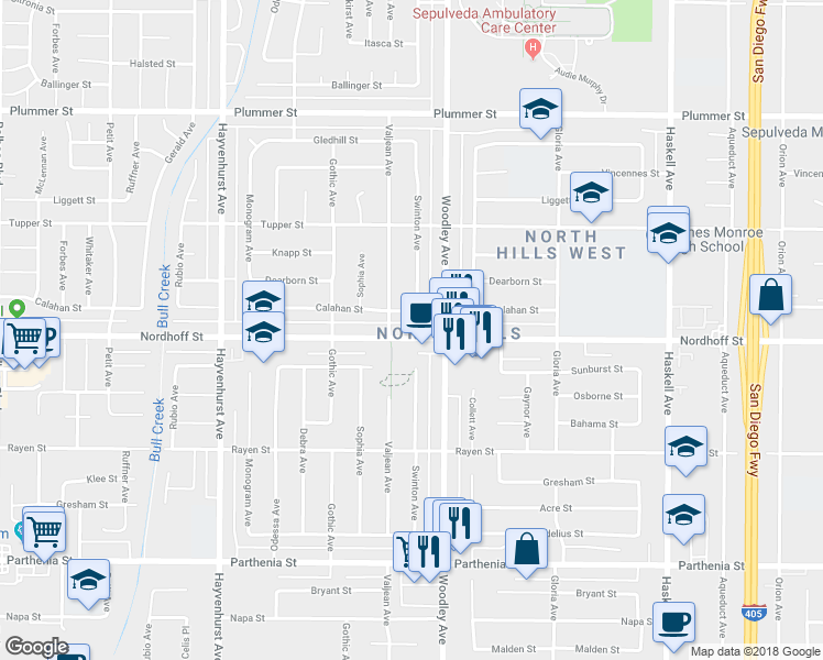 map of restaurants, bars, coffee shops, grocery stores, and more near 16237 Nordhoff Street in Los Angeles