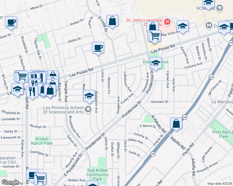 map of restaurants, bars, coffee shops, grocery stores, and more near 1761 Dwight Avenue in Camarillo