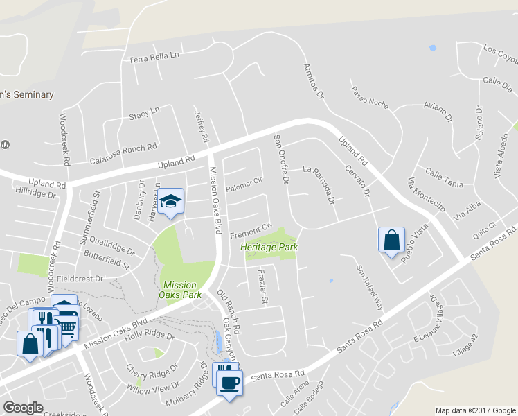 map of restaurants, bars, coffee shops, grocery stores, and more near 6095 Tahoe Place in Camarillo