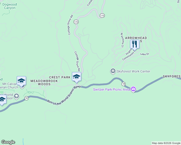 map of restaurants, bars, coffee shops, grocery stores, and more near 954 Crest Estates Drive in Lake Arrowhead