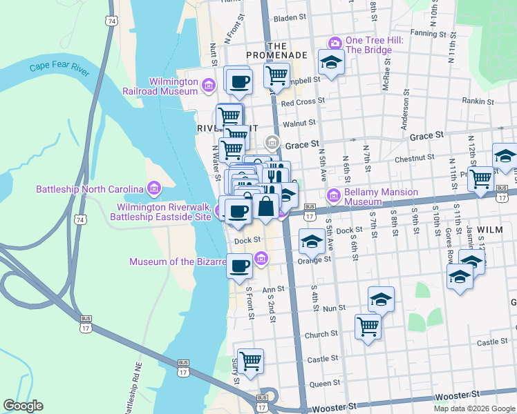 map of restaurants, bars, coffee shops, grocery stores, and more near 15 North 2nd Street in Wilmington