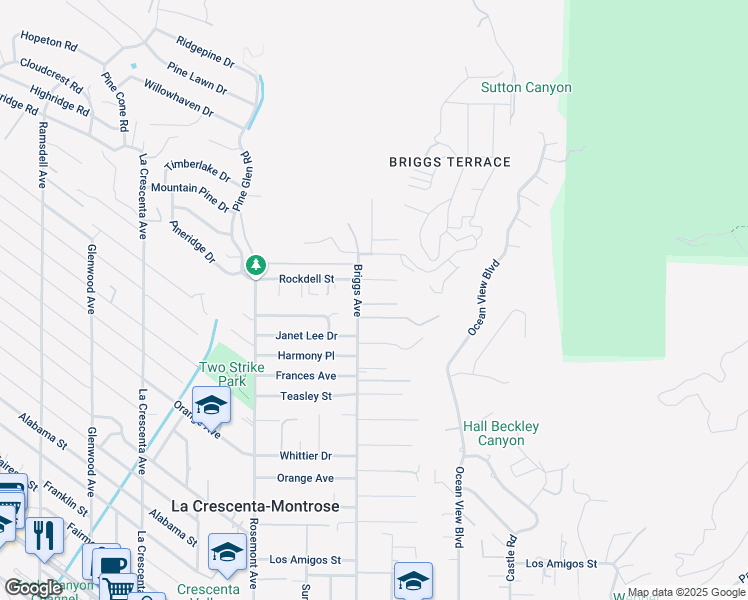 map of restaurants, bars, coffee shops, grocery stores, and more near 2385 Utley Road in La Crescenta-Montrose