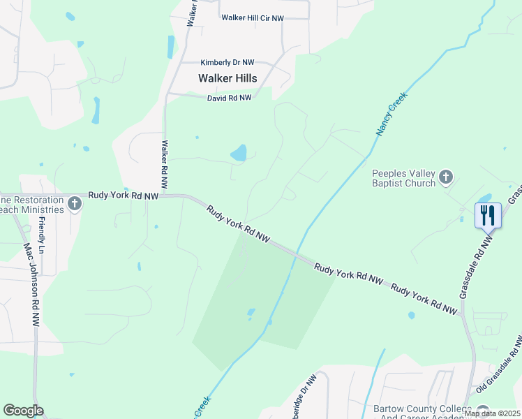 map of restaurants, bars, coffee shops, grocery stores, and more near 41 Old Rudy York Road Northwest in Cartersville
