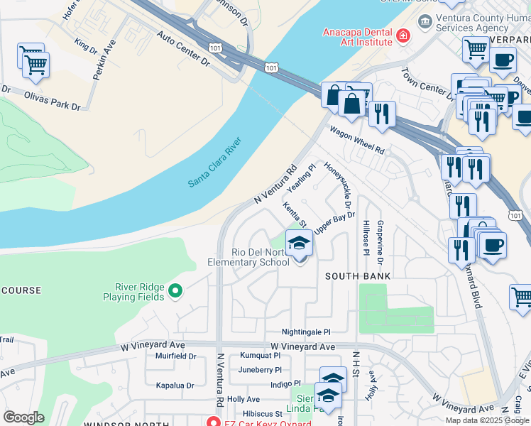 map of restaurants, bars, coffee shops, grocery stores, and more near 2581 Lake Drive in Oxnard